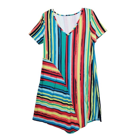 Soft Surroundings Happy Place Tropical Multicolor Stripe Short Slv Dress Size M - Picture 1 of 5